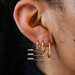 Classic 18K gold plated stainless steel hoop earrings in 15mm 20mm and 25mm sizes