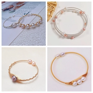 Freshwater Pearl Bracelet Handmade Wire Wrapped Bangle Adjustable Elegant Fashion Jewelry For Women