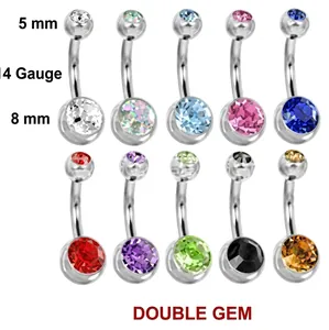 10-piece 14G stainless steel belly button ring set with colorful double gem accents