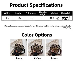 Size chart and dimensions for the stylish checkerboard crossbody bag in woven fabric