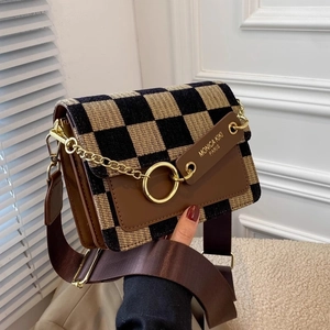 Retro checkerboard square crossbody bag with brown leather flap and golden chain detail