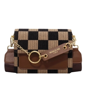 Retro checkerboard crossbody bag with gold chain and wide strap on white background