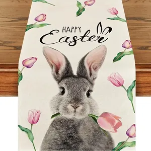 Linen Easter table runner with gray bunny and tulips on a dark wood background