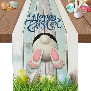 Happy Easter linen table runner featuring a cute bunny and colorful eggs on wood table