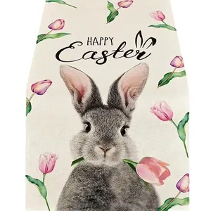 Easter linen table runner featuring a gray rabbit, pink tulips, and Happy Easter text