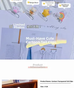 Detail view of transparent cartoon binder clips with cute 3D charms on a magazine page