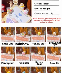 Close-up of cute cartoon pattern acrylic paper clips for diary and document organizing