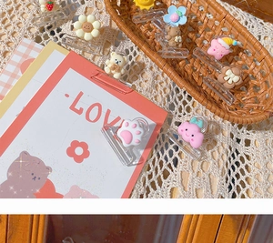 Cute cartoon character transparent paper clips with 3D bear and flower charms for stationery