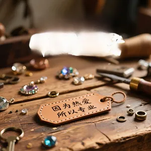 Close-up of faceted crystal beads and hand-stitched leather tag on artisan keychain