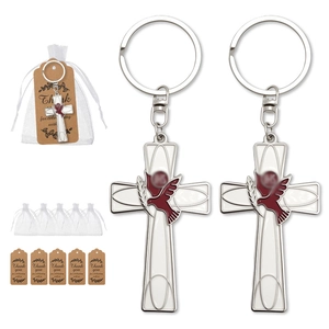 Creative Religious Cross Peace Dove Metal Keychain With White Enamel JHS IHS Pattern Cross Pendant Keyring For Baptism Wedding Party Gift