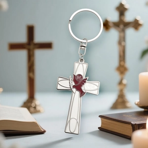 Religious cross keychain with white enamel dove and IHS symbol on silver metal