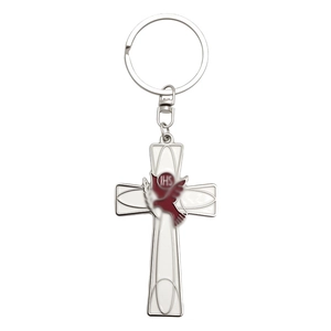 Silver metal cross keychain with white enamel inlay and red IHS peace dove charm