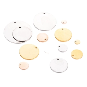 Polished stainless steel round tags in silver, gold, and rose gold for DIY jewelry making
