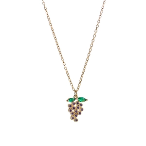 French vintage purple grape cluster pendant necklace with green leaf and gold chain