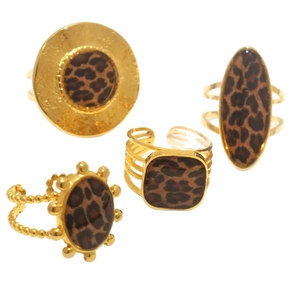 Set of four 18K gold plated stainless steel leopard print rings in geometric shapes