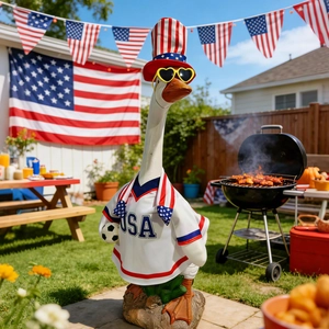 Detail of 23 inch porch goose in patriotic USA jersey and striped top hat garden decor