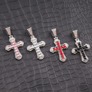 Hiphop cross necklace with zircons in pink white red and black set on silver base