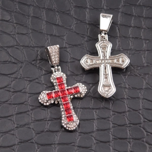 Hip hop silver cross necklace pendant with micro-paved zircons and red gemstone