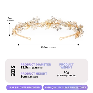 Elegante diadema de flores doradas y hojas con cristales y perlas para novias y bodas