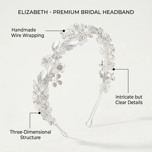 Detalle de diadema de novia plateada con perlas hechas a mano y cristales de hojas