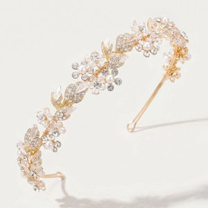 Diadema de flores dorada de lujo con perlas blancas y diamantes para novias y bodas reales