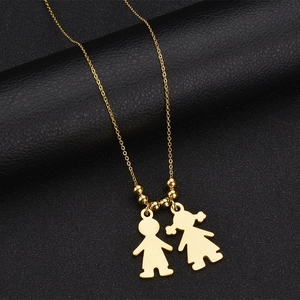 Polished gold stainless steel necklace with boy and girl pendants on a beaded chain
