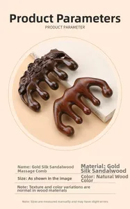 Detail of two sandalwood massage combs showing ornate fish carvings and natural wood grain