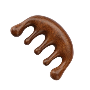 Sandalwood five-tooth massage comb with ergonomic dolphin shape and polished wood grain