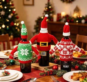 Detailed knitted Christmas wine bottle covers featuring Santa and reindeer designs