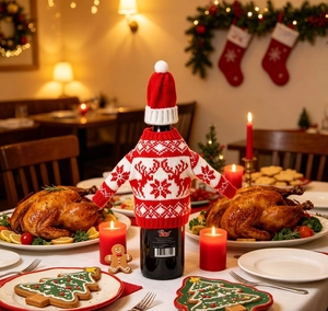 Close-up of a festive knitted Christmas wine bottle cover with reindeer and snowflake patterns