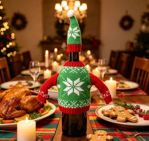 Close-up of knitted Christmas wine bottle cover with snowflake pattern and mini hat
