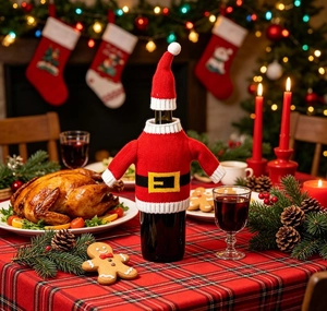 Knitted Santa Claus wine bottle cover with hat on a festive Christmas dinner table