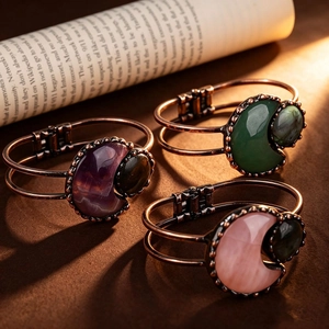 Vintage Moon Shape Crystal Bracelet Bronze Alloy Labradorite Inlaid Handmade Bangle Jewelry For Women Party Gift