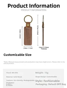 Detailed size specifications for solid wood and PU leather keychain with metal ring
