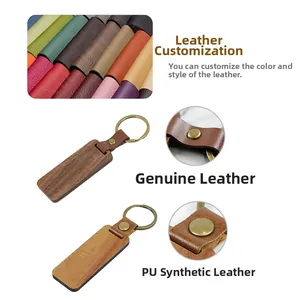 Detailed view of wood and leather keychains with custom color options and vintage ring