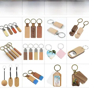 Detailed grid of wooden keychains with diverse shapes, laser engraving, and opener features