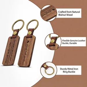 Custom walnut wood keychain with leather strap and bronze metal ring for Father's Day