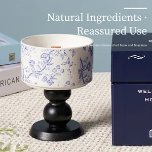 Blue and white porcelain scented soy candle with wood wick and elegant gift box