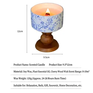 Blue floral porcelain scented soy candle with cherry wood wick and wooden base