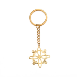 Golden stainless steel keychain with witch knot triskelion pendant and hollow design