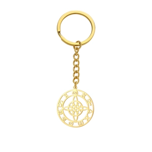 Golden stainless steel keychain featuring a hollow Wicca moon and witch knot pendant