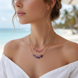 Bohemian double-layer necklace with pink and purple natural stones on gold chain