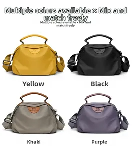 Collage of waterproof nylon crossbody bags in yellow, black, khaki, and purple variants