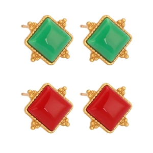 Vintage geometric square stud earrings with natural green and red stones in gold finish
