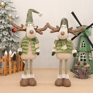 Christmas Reindeer Doll Plush Ornament Retractable Legs Standing Elk Toy Figurines Holiday Home Decor Green