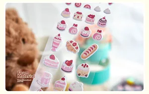 Macro shot of 3D foam dessert stickers with soft texture and vibrant pastel colors