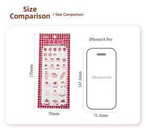 Size comparison of strawberry cake 3D foam stickers next to an iPhone 14 Pro silhouette