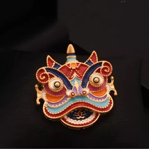 Broche en Émail de Style Chinois Traditionnel Danse du Lion Alliage Électroplaqué Corsage Animal Ethnique pour Manteau Veste Hommes Femmes