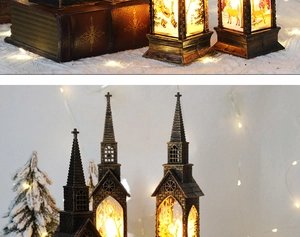 Close-up of vintage Christmas lantern with LED silhouettes of Santa and reindeer