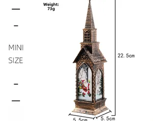 Miniature bronze Christmas lantern with Santa graphic and detailed product dimensions